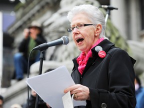 B.C. Teachers' Federation president Susan Lambert addresses more than 1,000 teachers and supporters gathered on the lawn of the Vancouver Art Gallery March to protest against the provincial government's tactics during contract talks with B.C.'s unionized public-school teachers. (Jason Payne/PNG FILES)