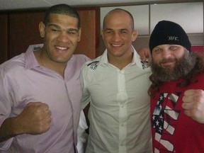 UFC heavyweights Antonio Silva, Junior dos Santos, and Roy Nelson pose for a picture together as they wait to pee in cups following last week's UFC 146 press conference in Las Vegas. (photo courtesy of Roy Nelson's Facebook Page)