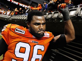 BC Lions Khalif Mitchell looks up into the stands after defeating the Montreal Alouettes 43 - 1in CFL regular season game at BC Place Stadium in Vancouver, B.C.  November 5, 2011.  (Ric Ernst / PNG)