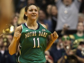 Natalie Achonwa, celebrating Notre Dame's win over UConn in the NCAA Div. 1 Final Four in 2011, is a rising star with the Canadian senior women's national team. (Getty Images)