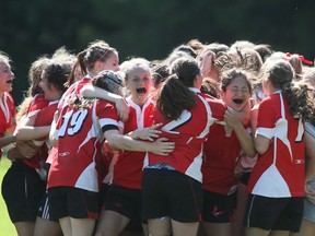 Carson Graham's senior girls rugby team celebrated its seventh straight BC Triple A title with a win over GP Vanier on Saturday at Klahanie Park. (Paul Yates, Vancouver Sports Pictures)