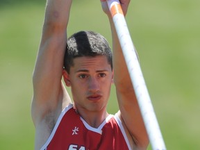Ben Daly-Grafstein of St. George's Saints tied rival Nick Fyffe in the pole vault, but won the BC high school decathlon championships Saturday in Abbotsford. (Arlen Redekop, PNG)