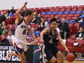 Capilano Blues' star point guard James Lum (right) is dribbling his way up Burnaby Mountain next season to join the Simon Fraser Clan. (Paul Yates, Vancouver Sports Pictures)