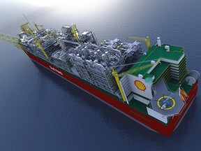 Artist's drawing of Royal Dutch Shell's future Prelude Floating Liquefied Natural Gas project in Australia. The world's first floating LNG facility is an idea Shell Canada is considering with its partners, China National Petroleum Co., Korea Gas Corp. and Mitsubishi Corp. for an LNG export facility the firms are considering for Kitimat. (Royal Dutch Shell photo)