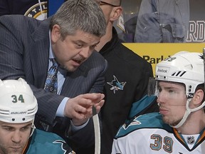 San Jose Sharks coach Todd McLellan has yet to receive a vote of confidence. If he doesn't return next season — and Alain Vigneault is not retained by the Canucks — he should be high on the Vancouver wish list. (Photo by Mark Buckner/NHLI via Getty Images).