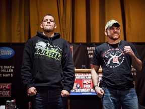 NEW YORK - MARCH 06:   UFC lightweights Nate Diaz (L) and Jim Miller (R) pose at a press conference at Radio City Music Hall on March 06, 2012 in New York City.  UFC announced that their third event on the FOX network will take place on Saturday, May 5 from the IZOD Center in East Rutherford, N.J.. (Photo by Michael Nagle/Getty Images)