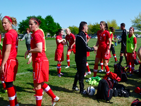 The Canadian national women's soccer team and coach John Herdman at Richmond's Hugh Boyd park before Thursday match with Fusion FC