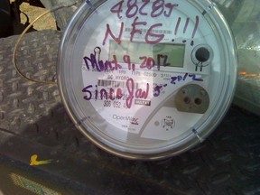 This faulty B.C.Hydro smart meter installed in a Kamloops-area home had to be removed after clocking up a usage total so ridiculously huge that a Hydro employee scrawled NFG on its face, slang for No F---ing Good. (SUBMITTED PHOTO)