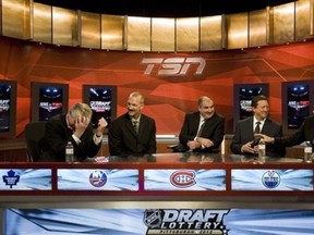 Brian Burke, left to right, President and General Manager of the Toronto Maple Leafs, Ken Morrow, Director of Pro Scouting for the NY Islanders, Larry Carriere, Assistant General Manager of the Montreal Canadians, Steve Tambellini, General Manager of the Edmonton Oilers, and Scott Howson, General Manager of the Columbus Blue Jackets chat moments before the NHL Draft Lottery at the TSN studios in Toronto on Tuesday April 10, 2012. (AP Photo/ The Canadian Press, Aaron Vincent Elkaim)