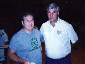 Back in 1989, then-Delta Pacers head coach Dunc Anderson shares a moment with famed Indiana Hoosiers head coach Bob Knight during a coaches clinic at IU. (Anderson family collection)