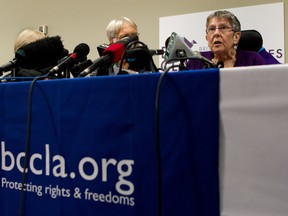 Gloria Taylor, who suffers from Lou Gehrig's disease and won a doctor-assisted suicide challenge in B.C. Supreme Court, speaks during a news conference in Vancouver on Monday, June 18. (CANADIAN PRESS)