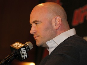 As grumpy as UFC President Dana White looks in this photo, I'd call this "bubbly" compared to the cantankerous mood he was in following UFC 149 last night in Calgary. (Photo by Michael Cohen/Getty Images)