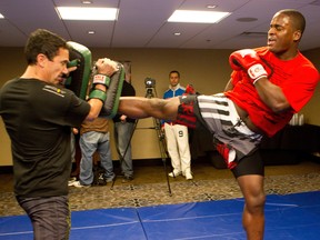 LAS VEGAS, NV - JANUARY 04:  Lorenz Larkin works out for the media during the Strikeforce Open Workouts on January 4, 2012 in Las Vegas, Nevada.  (Photo by Esther Lin/Forza LLC/Forza LLC via Getty Images)