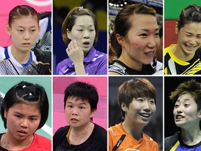 A combination of photos taken on Wednesday show the eight badminton players from China, South Korea and Indonesia who were booted from the Olympics in a match-fixing scandal. Getty Images photos.