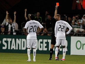 Whitecaps' Darren Mattocks was sent off in Portland for an apparent elbow, but the club might appeal the card and one-game suspension. (Getty Images)