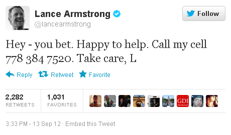 Cyclist Lance Armstrong tweeted out a Vancouver area-code phone number Thursday, throwing one Vancouver man into a bizarre case of mistaken identity and phone numbers. (SCREENGRAB)