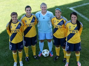 With heavy graduation losses in its forward pack, the CIS' No. 3-ranked Trinity Western Spartans will be relying a lot on its back five this season (l to r) Defenders Jilian Dietrich, Colleen Webber, keeper Kristen Funk, and defenders Jennifer Castillo and Nikki Byrne. (Photo -- Scott Stewart, Trinity Western athletics)