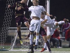 Simon Fraser's Chris Bargholz (right) scored twice as SFU routed No. 3-ranked Seattle Pacific 5-1 at Fox Field on Thursday. (Ron Hole, SFU athletics)