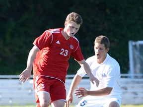 Justin Wallace (left) was one of four Clan goal scorers Thursday as the GNAC club got back on the winning track with a 5-1 win at Sioux Falls. (SFU photo)