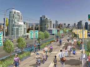 Illustration of imagined changes to the Granville Bridge shows part of Vision Vancouver’s utopian transportation plan for the city. (CITY OF VANCOUVER)