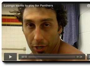 Pictured above is Roberto Luongo, in a screen cap from an interview he gave today that makes him look very drunk. I share this affliction with Luongo, for I too, look drunk in 65% of my pictures despite being sober.