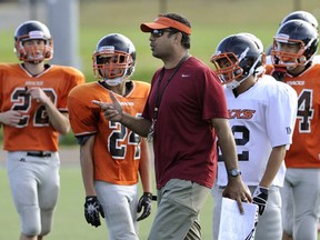 New Westminster Hyacks head coach Farhan Lalji, at practice Tuesday, gets set for his program's birthday bash at Mercer on Friday. (Mark van Manen, PNG)