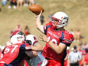 Simon Fraser Clan quarterback Trey Wheeler has emerged as a bonafide star in his second season. Wheeler, coming off a 404-yard passing day last week, faces visiting Dixie State in a Great Northwest Athletic Conference battle Saturday at SFU’s Terry Fox Field. (Ron Hole – Simon Fraser athletics)