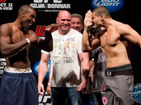Phil Davis (left) and Wagner Prado pay homage to The Three Stooges and their first meeting at the UFC 153 weigh-ins. In the background, Dana White rocks the bad ass Roots of Fight "Gracie vs. Kimura" t-shirt. (photo courtesy of UFC)