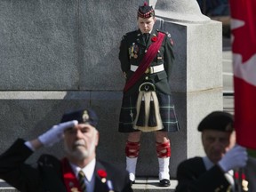 Seaforth Highlanders cadet Catherine Chernoff stands guard during Vimy Ridge Day at Vancouver’s Victory Square on April 9. If the Seaforths can wear kilts and link themselves to Scotland, why can’t a cadet unit be the Surrey Sikhs? (Ward Perrin/PNG FILES)