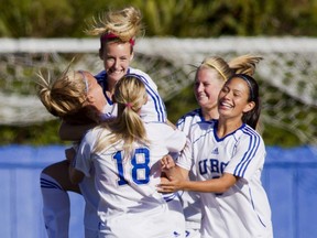 UBC Thunderbirds striker Janine Frazao (red hair band) has made a habiit of celebrating goals with her teammates. The No. 9 'Birds host UNBC on Saturday. (Bob Frid, UBC athletics)