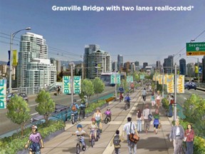 Conceptual illustration shows Vision's plan to build a parkway down the middle of Granville Bridge -- one of many ways party plans to make life more difficult for motorists. (City of Vancouver drawing)