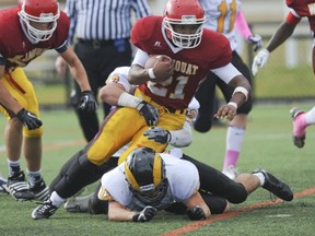 W.J. Mouat's Grade 11 running back Maleek Irons rushed for 491 yards and five touchdowns in a win over Mt. Douglas on Saturday in Abbotsford. (Jason Payne, PNG)