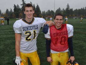 South Delta Sun Devils' slot David Mann (left) and quarterback Kyle Menzies are a win away from helping lead their team to a perfect regular season, (Arlen Redekop, PNG)