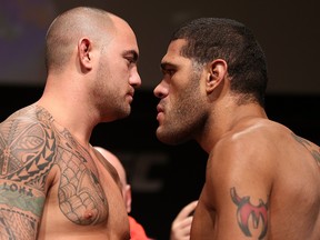 MINNEAPOLIS, MN - OCTOBER 04:  Opponents Travis Browne (L) and Antonio "Bigfoot" Silva (R) face off during the UFC on FX weigh in at Pantages Theater on October 4, 2012 in Minneapolis, Minnesota.  (Photo by Josh Hedges/Zuffa LLC/Zuffa LLC via Getty Images)  *** Local Caption *** Travis Browne; Antonio Silva