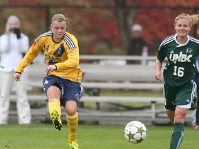 Trinity Western's Krista Gommeringer scored twice and added two assists Friday in a win over UNBC at Rogers Field, inching ever closer to the team's single-season points record. (Scott Stewart, TWU athletics)