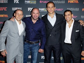 SYDNEY, AUSTRALIA - JULY 17: (L-R) Ross Pearson, Dana White, Junior dos Santos and George Sotiropoulos arrive at the TUF Australia Launch Party on July 17, 2012 in Sydney, Australia. (Photo by Brendon Thorne/Getty Images)