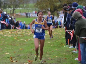 UBC's Maria Bernard led the blue-and-gold to its first-ever women's NAIA cross-country title on Saturday in Ft. Vancouver, Wash. (Photo -- Cindy Potter, Columbia College athletics)