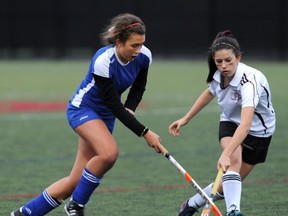 Handsworth midfielder Sophie Plasteras (left) clashes with Cowichan's Krystyna Neal during BC Triple A final on Friday in Coquitlam. (Jenelle Schneider, PNG)