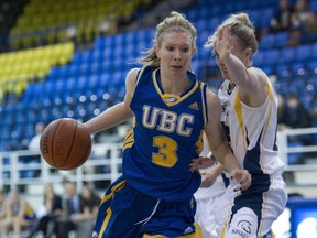 UBC Thunderbirds’ fourth-year power forward Tori Spangehl has put a past knee injury behind her, becoming a rebounding force for the CIS’ No. 10-ranked team. The Birds host Thompson Rivers Friday and Saturday in their Canada West home-opening games. (Richard Lam, UBC athletics)