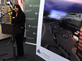 Anita Huberman, CEO of the Surrey Board of Trade, speaks in favour of a new proposed casino and entertainmnet facility at a press conference in Surrey on Dec. 4. (PNG FILES)