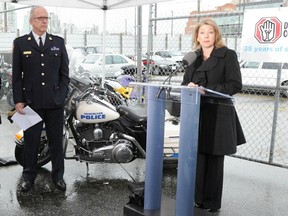 Chief Constable Jamie Graham of the B.C. Association of Chiefs of Police and Transportation Minister Mary Polak talk about the dangers of impaired in  launching the 35th CounterAttack program in Vancouver on Nov. 29.
(Nick Procaylo/PNG FILES)