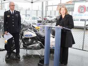 Chief Jamie Graham of the B.C. Association of Chiefs of Police and Transportation Minister Mary Polak discuss the dangers of impaired driving as ICBC teams up with police last month to launch the 35th CounterAttack program. (Nick Procaylo/PNG)