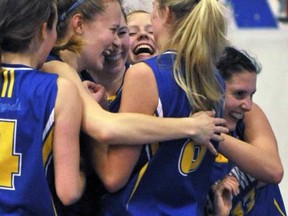 Handsworth Royals players celebrate a win over Brookswood Bobcats on Friday at the Telus Classic. (Arlen Redekop, PNG)