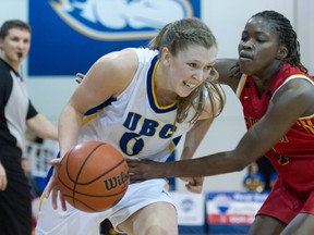 UBC Thunderbirds’ Kris Young (left) attempts to drive under the close watch of Calgary Dinos’ Tamara Jarrett during Canada West conference action Friday at UBC’s War Memorial Gymnasium. Young averaged 20 points and 8.5 rebounds over the weekend as the Birds beat both Calgary and Lethbridge. (Richard Lam, UBC athletics)
