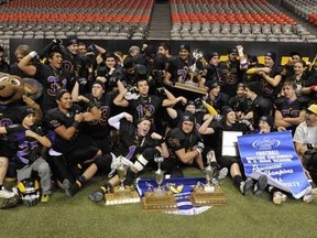 Jubilant Mt. Douglas Rams of Victoria celebrate Subway Bowl Triple A title spoils after win over Vancouver College. (PNG photo)