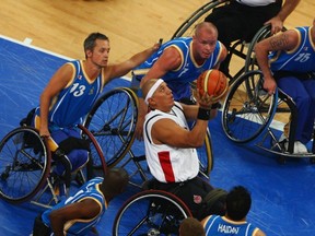 Richard Peter at the 2008 Beijing Paralympics, taking down Sweden singlehandedly. Getty Images file photo.