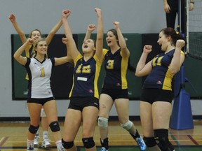 The South Delta Sun Devils, pictured in Saturday morning semifinal action, went on to capture the BC senior girls Quad A volleyball title later in the evening at PoCo's Riverside Secondary. (Jason Payne, PNG)