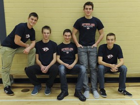 At Sutherland Secondary (left to right) Jakob Knapton coaches rugby, Connor MacCuspie coaches volleyball, Curtis Platson coaches swimming, Max Jones coaches swimming and sam Whitworth coaches basketball. (Photo by Jason Payne/ PNG)