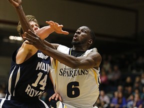 Trinity Western's Mark Perrin dropped 20 points Friday on the visiting Mt. Royal Cougars as the Spartans moved into the fourth and final playoff spot in the Pacific with a victory. (Scott Stewart, TWU athletics)