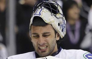 Canucks' Luongo reacts in Game 3 of their NHL Western Conference quarter-final hockey game against the Kings in Los Angeles